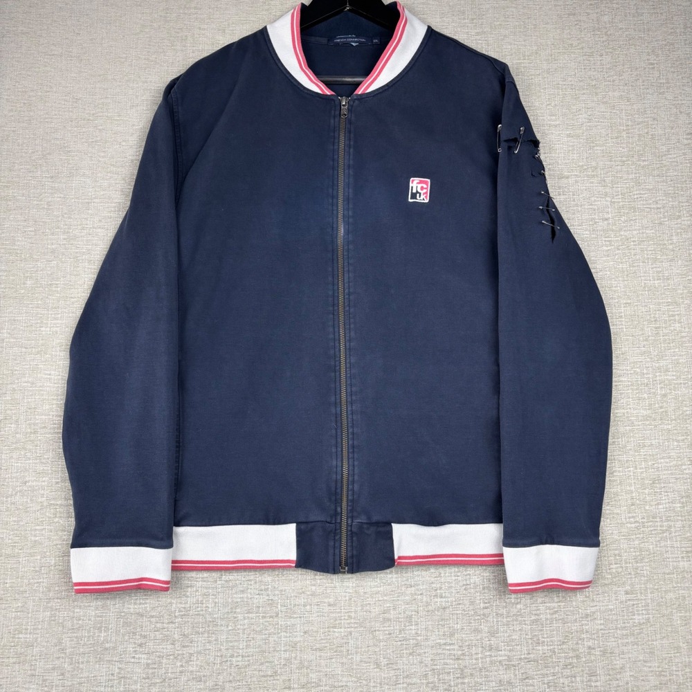 French Connection FCUK Y2K 2000 Mens XxL Navy Distressed Safety Pin Zip Sweater